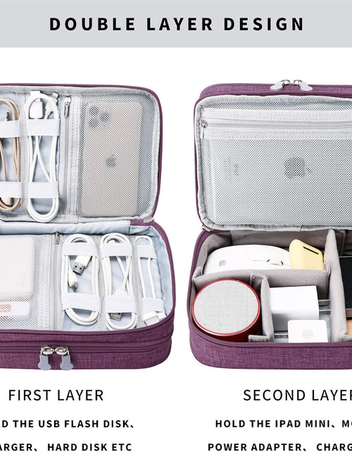 Load image into Gallery viewer, Travel Cable Organizer Bag, Electronic Accessories Case Portable Double Layer Cable Storage Bag for Cord,Phone,Charger, Flash Drive, Phone, SD Card,Personal Items - (Purple)
